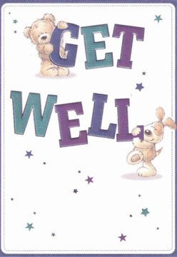 The artwork of this get well card delights with instant comfort-its playful, detailed illustration reminiscent of the friendly gatherings often seen in Ardleigh Green's coffeeshops and parks. A soft, huggable teddy bear clutches the top of 'GET,' while a spirited puppy leans joyfully into the bold 'WELL,' their rounded forms aglow with affectionate energy. Each character's fur is depicted in layered, tactile strokes, perfectly capturing the gentle touch one associates with childhood companions. Scattered stars shimmer in deep purples and aquas, offering subtle glimmers of hope, much like the bright windows along Ardleigh Green Road on a brisk morning. Set against a pure white background, the bold typography stands out, its colours evoking both creativity and calm. The composition feels as carefully curated as a bouquet assembled by a florist's expert hands-every star and letter positioned to soothe and lift the spirits. This card delivers heartfelt well wishes with a warmth that's deeply local, as though the whole of Ardleigh Green has banded together in the thoughtful gesture of cheering on a neighbour's recovery.